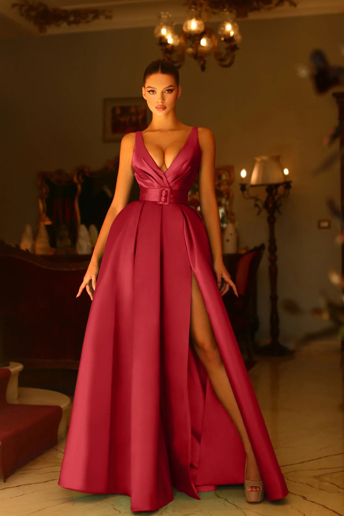 Elegant A-Line V-Neck Sleeveless Low Back Floor-Length Prom Dress