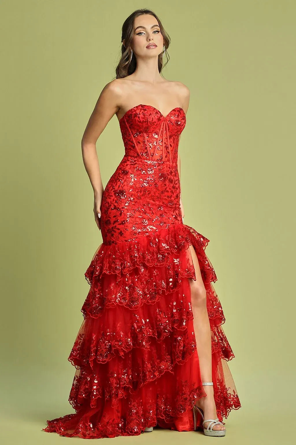 Loverlm red strapless sequin mermaid ruffle high slit prom dress front