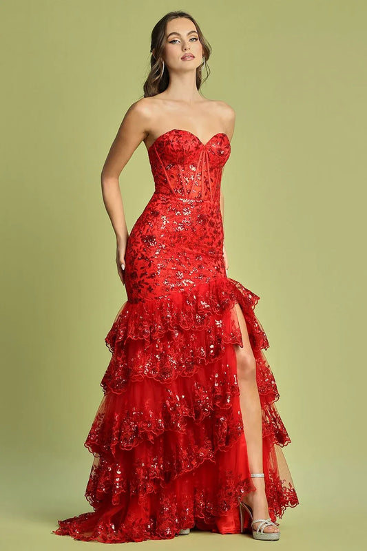 Loverlm red strapless sequin mermaid ruffle high slit prom dress front