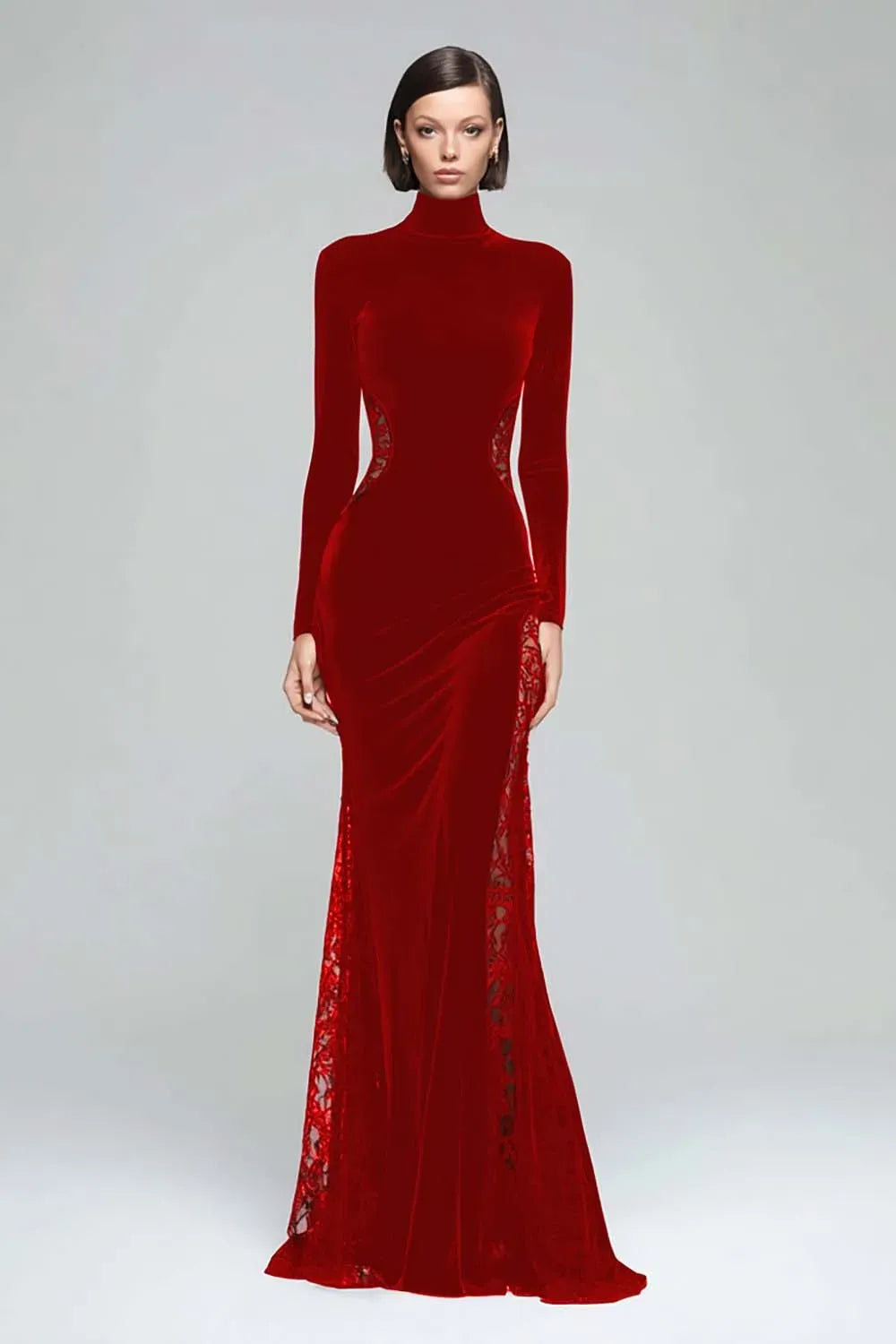 Elegant Mermaid High Neck Long Sleeve Closed Back Floor Length Evening Dress
