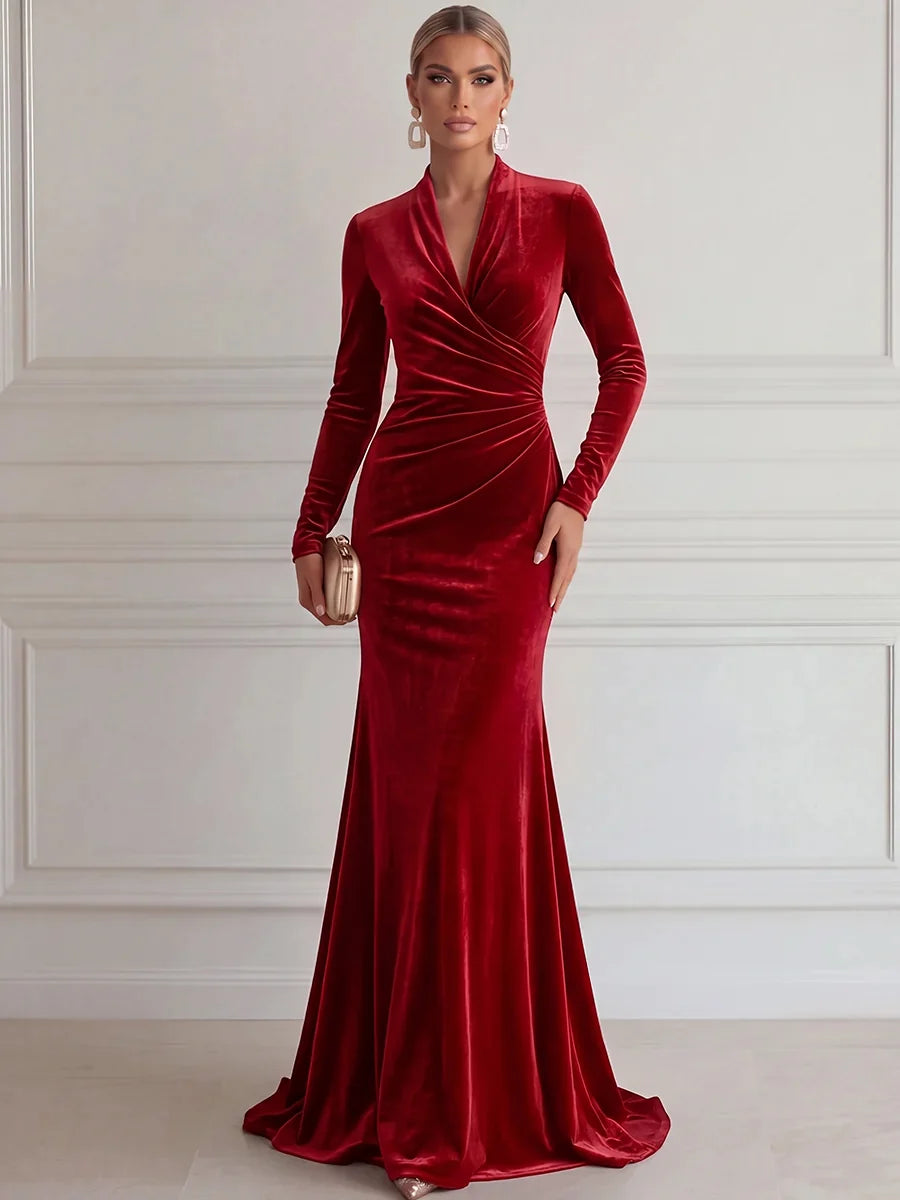 Elegant Mermaid Deep V Long Sleeve Velvet Floor-Length Evening Dress