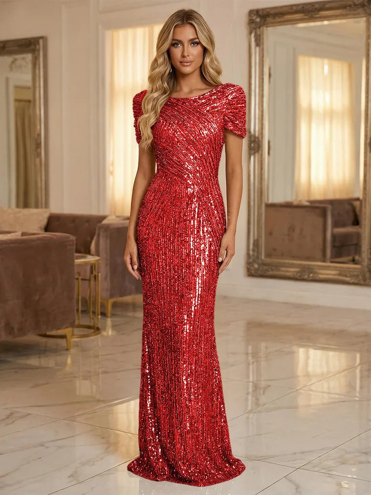 Glamorous Sheath Bateau Neck Puff Sleeve Sequin Floor-Length Evening Dress