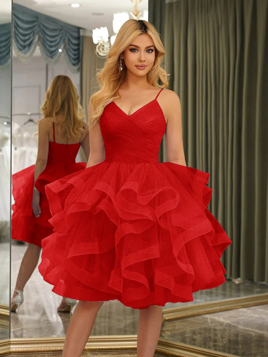Dreamy A-Line V-Neck Spaghetti Strap Zipper Back Ruffled Mini Homecoming Dress