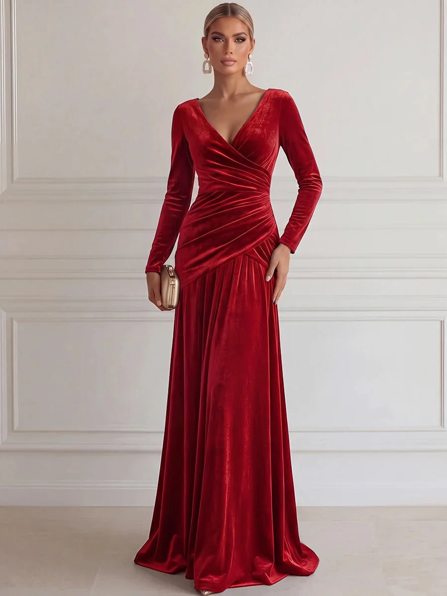 Elegant A-Line V-Neck Long Sleeve Velvet Floor-Length Evening Dress