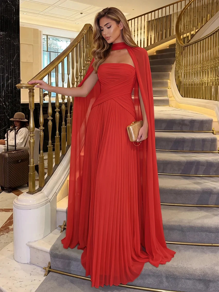 Elegant Pleated Strapless Sleeveless Chiffon Floor Length Evening Dress