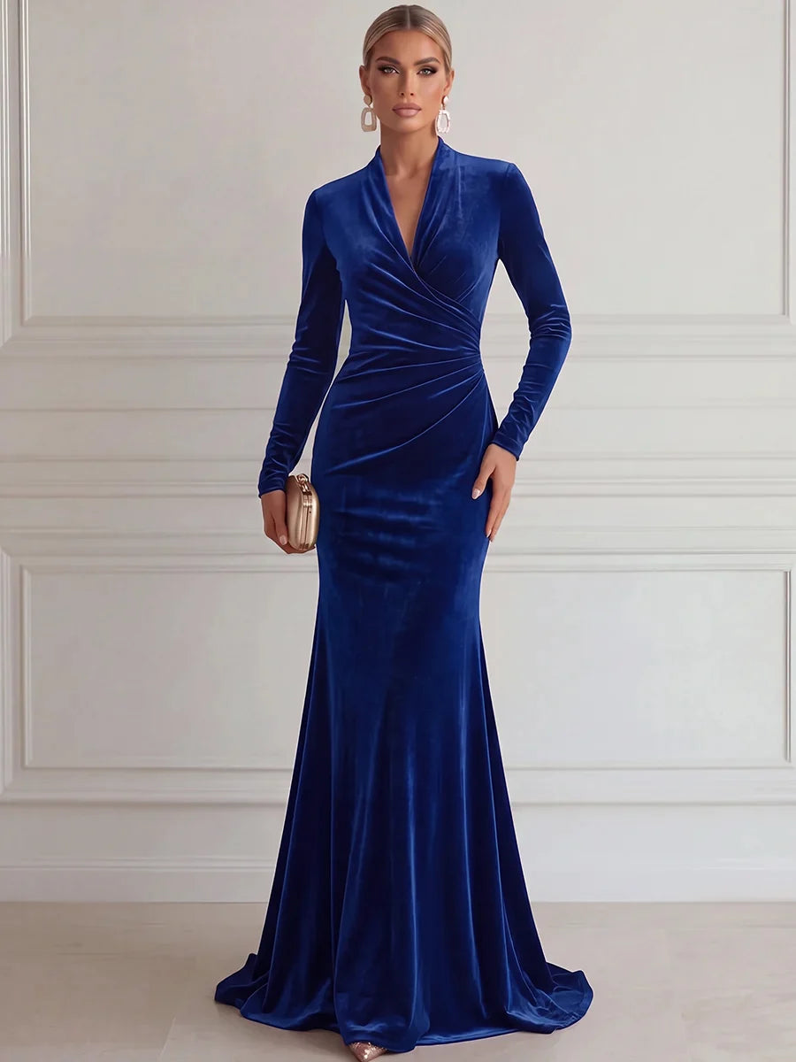 Elegant Mermaid Deep V Long Sleeve Velvet Floor-Length Evening Dress