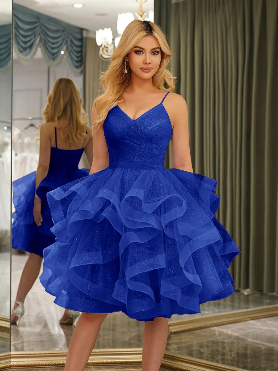 Dreamy A-Line V-Neck Spaghetti Strap Zipper Back Ruffled Mini Homecoming Dress