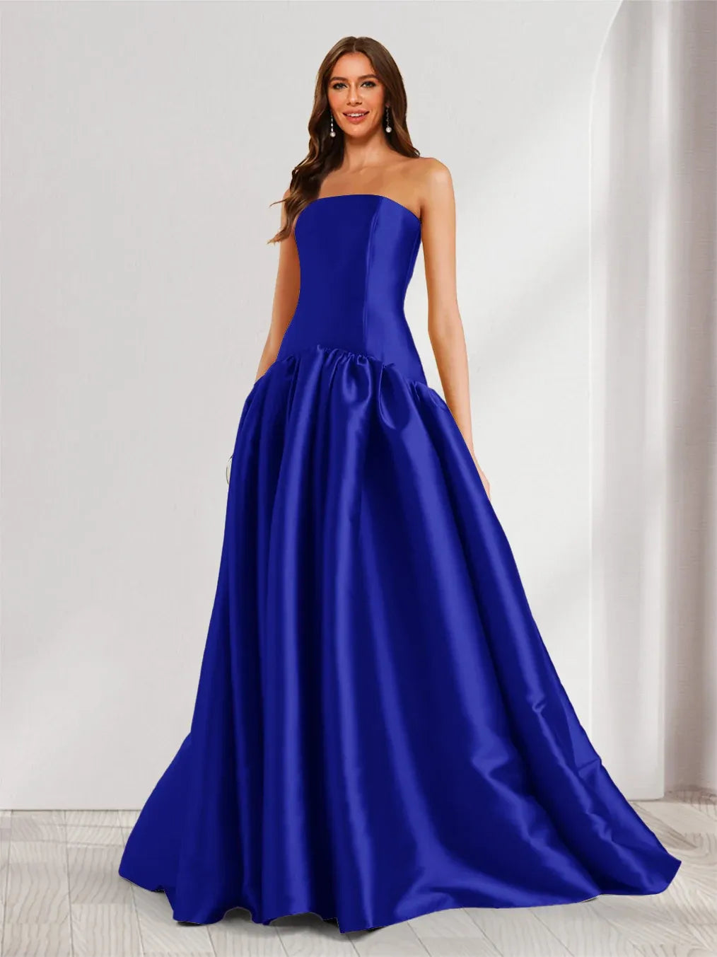 Elegant A-Line Straight-Neck Strapless Zipper-Back Floor-Length Satin Prom Dress