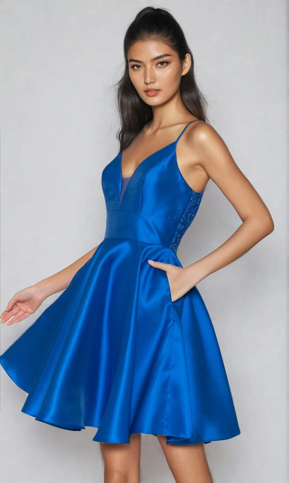 Elegant A-Line Plunging V-Neck Sleeveless Satin Mini Homecoming Dress
