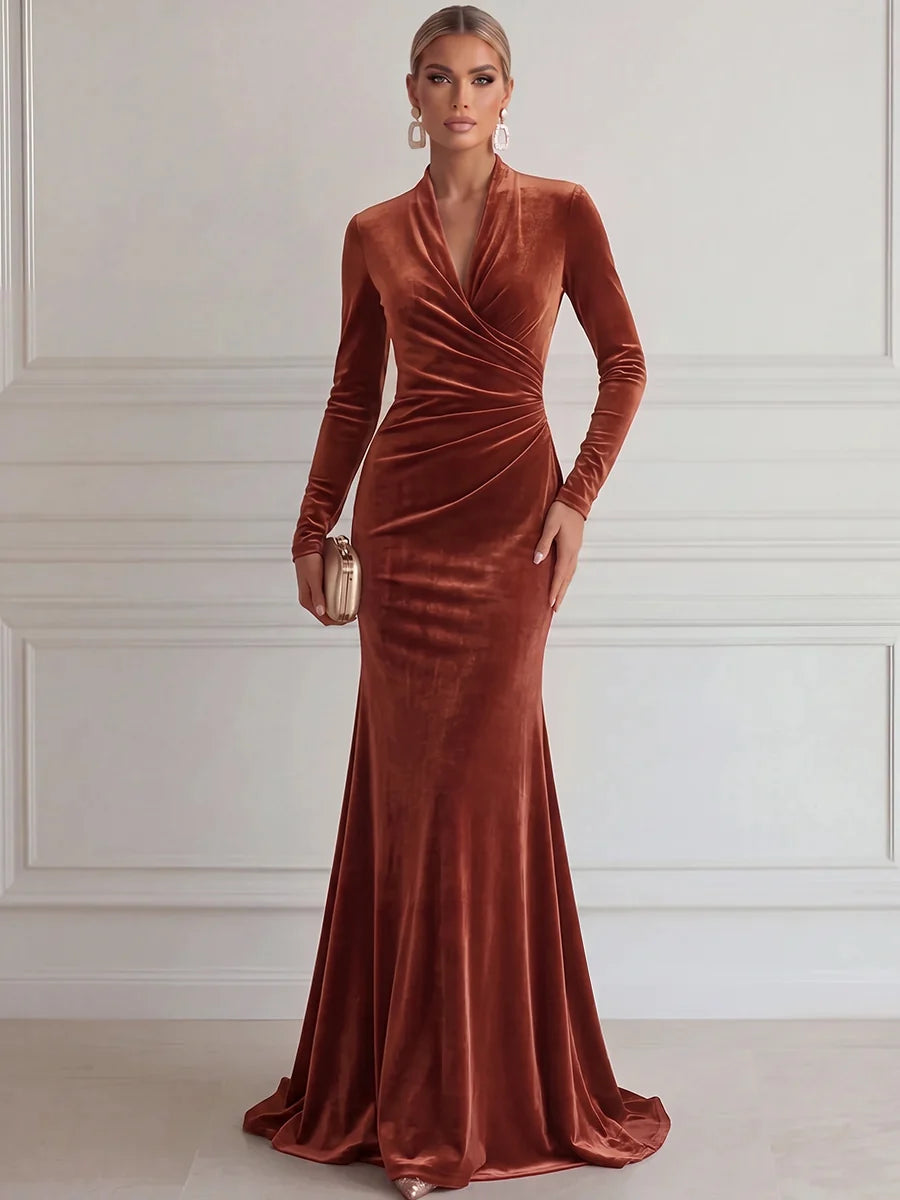 Elegant Mermaid Deep V Long Sleeve Velvet Floor-Length Evening Dress