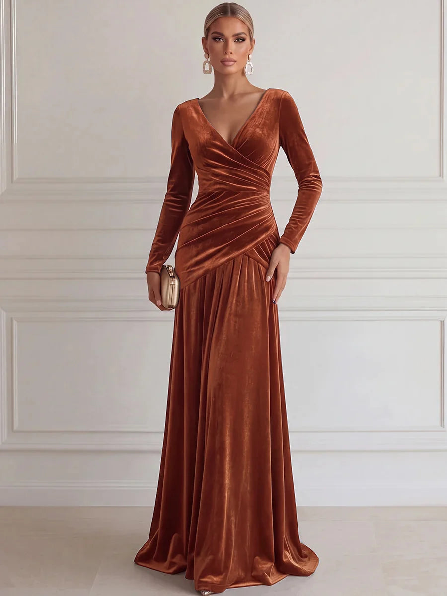 Elegant A-Line V-Neck Long Sleeve Velvet Floor-Length Evening Dress