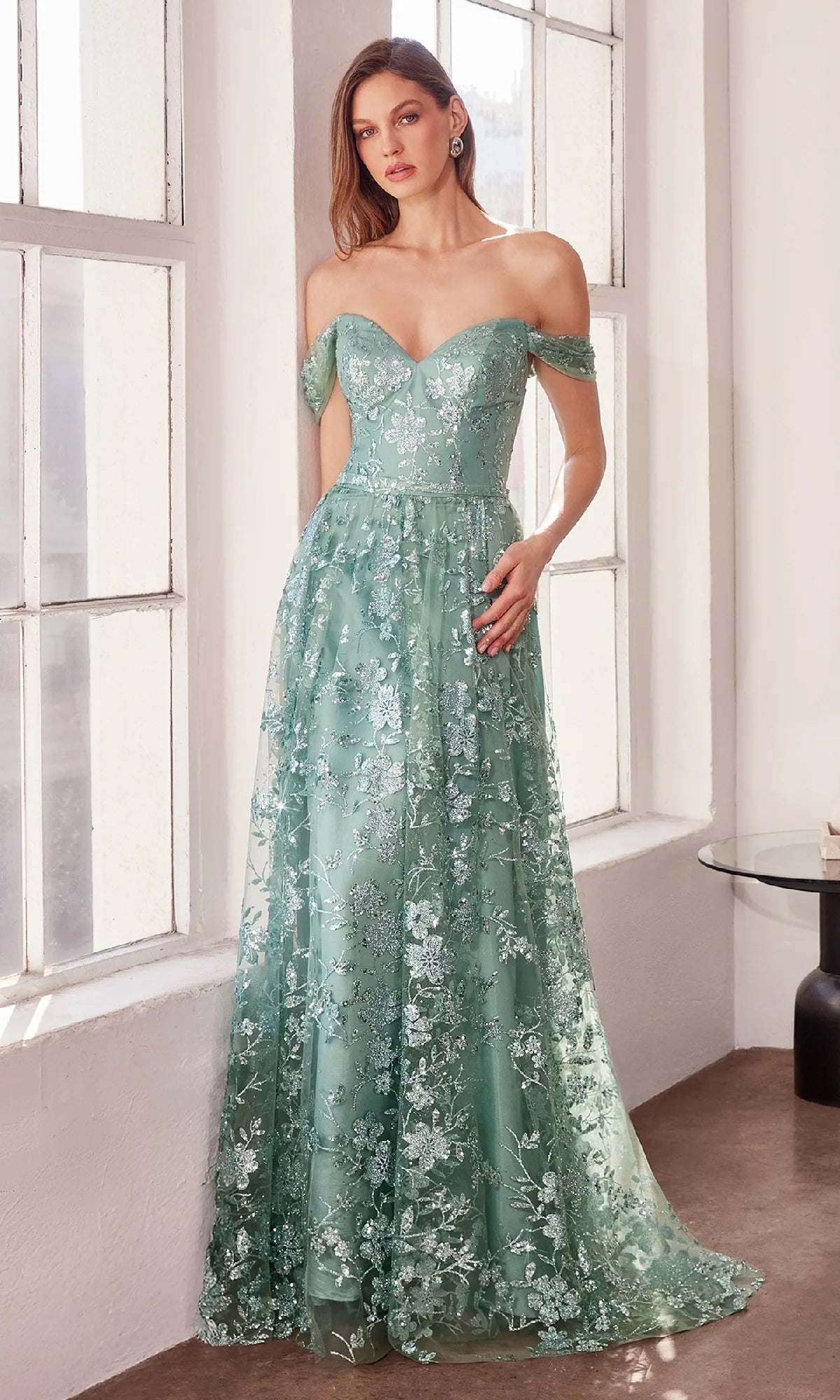 Elegant A-Line Sweetheart Off Shoulder Glitter Tulle Floor Length Evening Dress