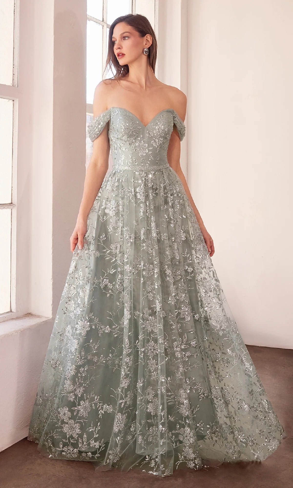 Elegant A-Line Sweetheart Off Shoulder Glitter Tulle Floor Length Evening Dress