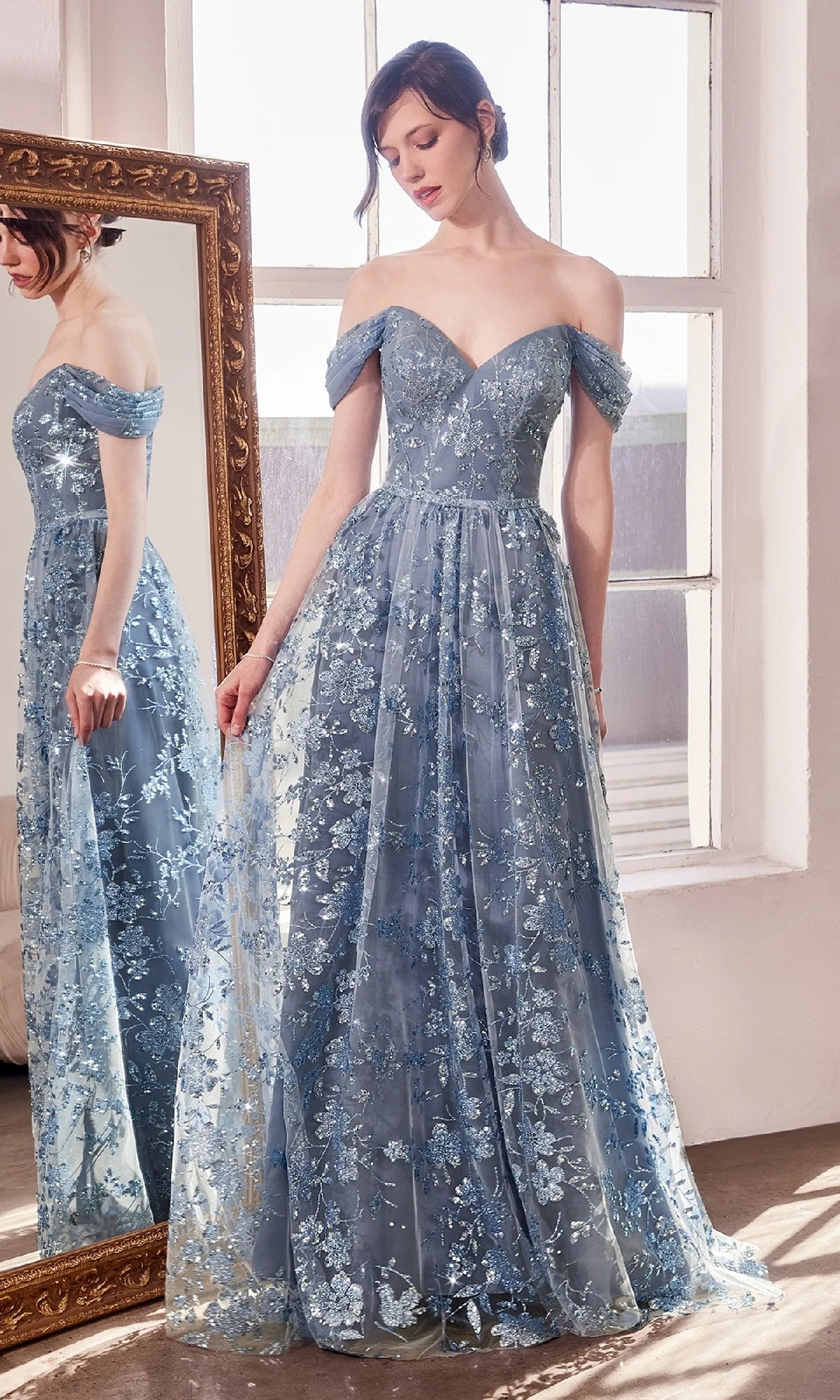 Elegant A-Line Sweetheart Off Shoulder Glitter Tulle Floor Length Evening Dress