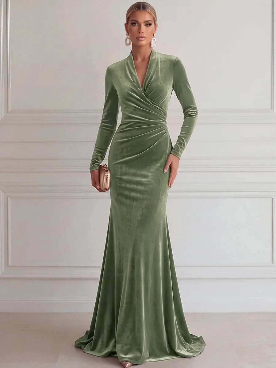 Elegant Mermaid Deep V Long Sleeve Velvet Floor-Length Evening Dress