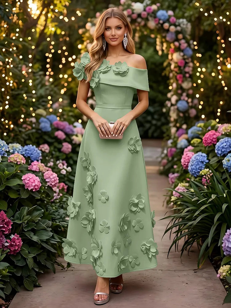 Romantic A-Line Off-Shoulder Short Sleeve Satin Ankle-Length Wedding Guest Dress