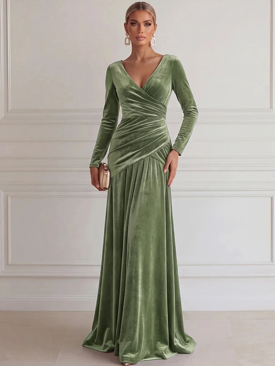 Elegant A-Line V-Neck Long Sleeve Velvet Floor-Length Evening Dress