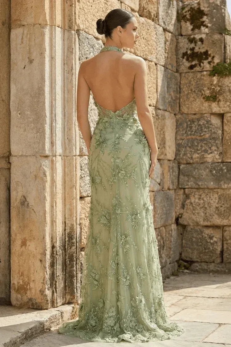Elegant Lace Sheath Halter Sleeveless Open-Back Floor-Length Prom Dress