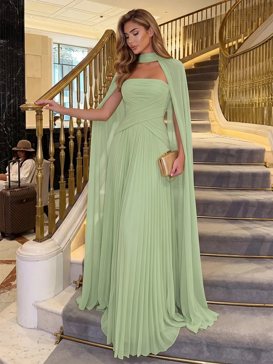 Elegant Pleated Strapless Sleeveless Chiffon Floor Length Evening Dress