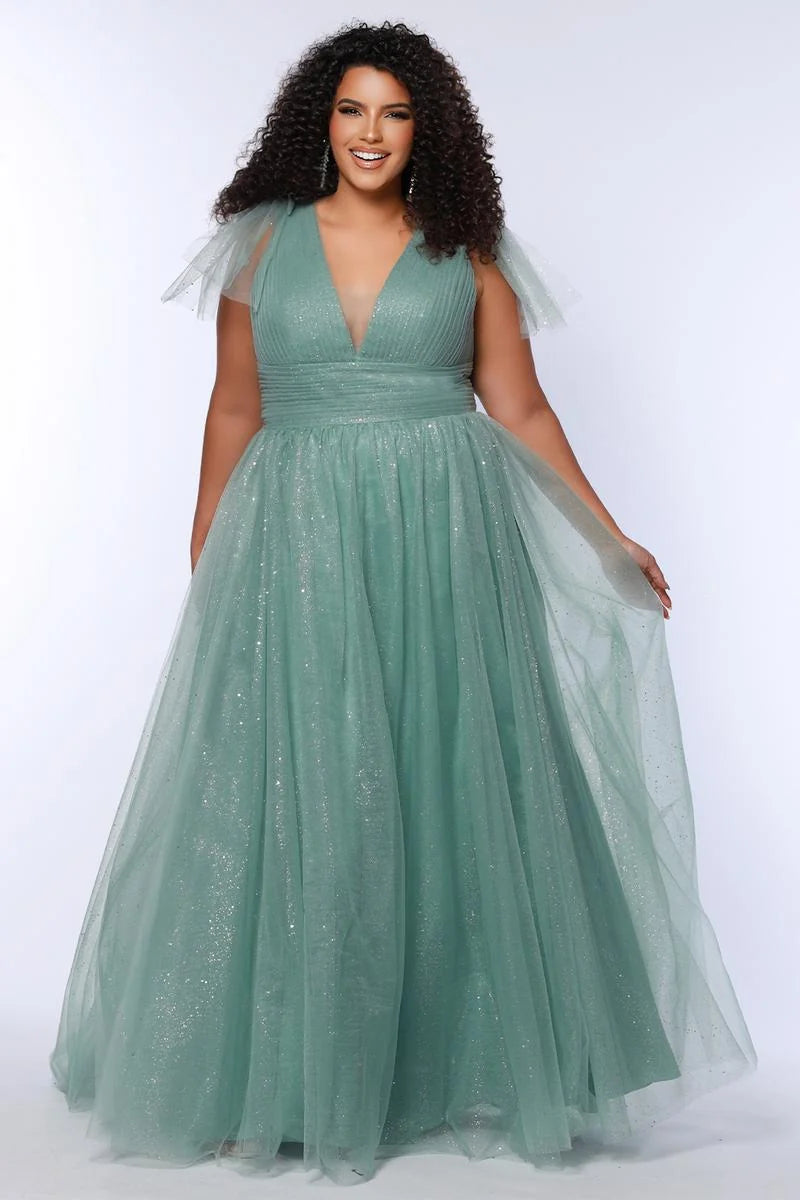 Romantic Plus Size A Line V Neck Sleeveless Glitter Tulle Prom Dress