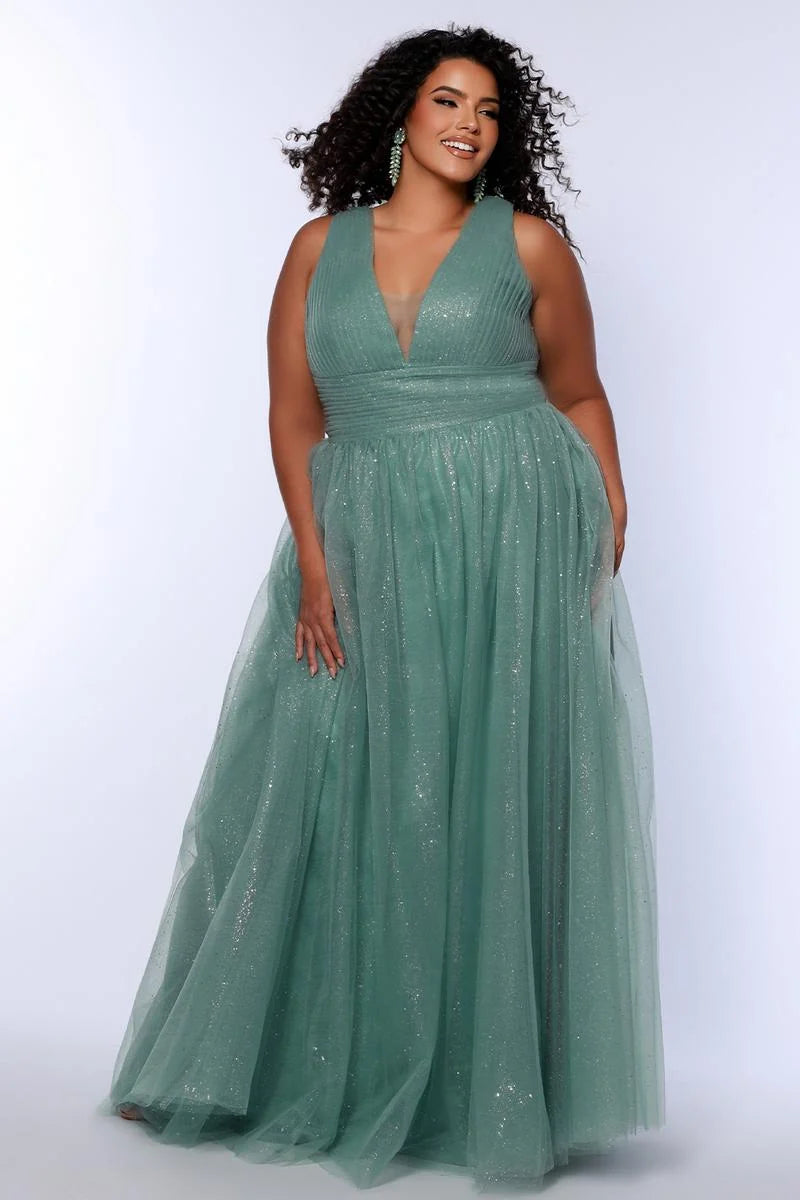 Romantic Plus Size A Line V Neck Sleeveless Glitter Tulle Prom Dress