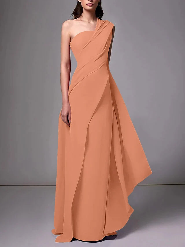 Elegant Sheath One Shoulder Sleeveless Crepe Floor Length Evening Dress