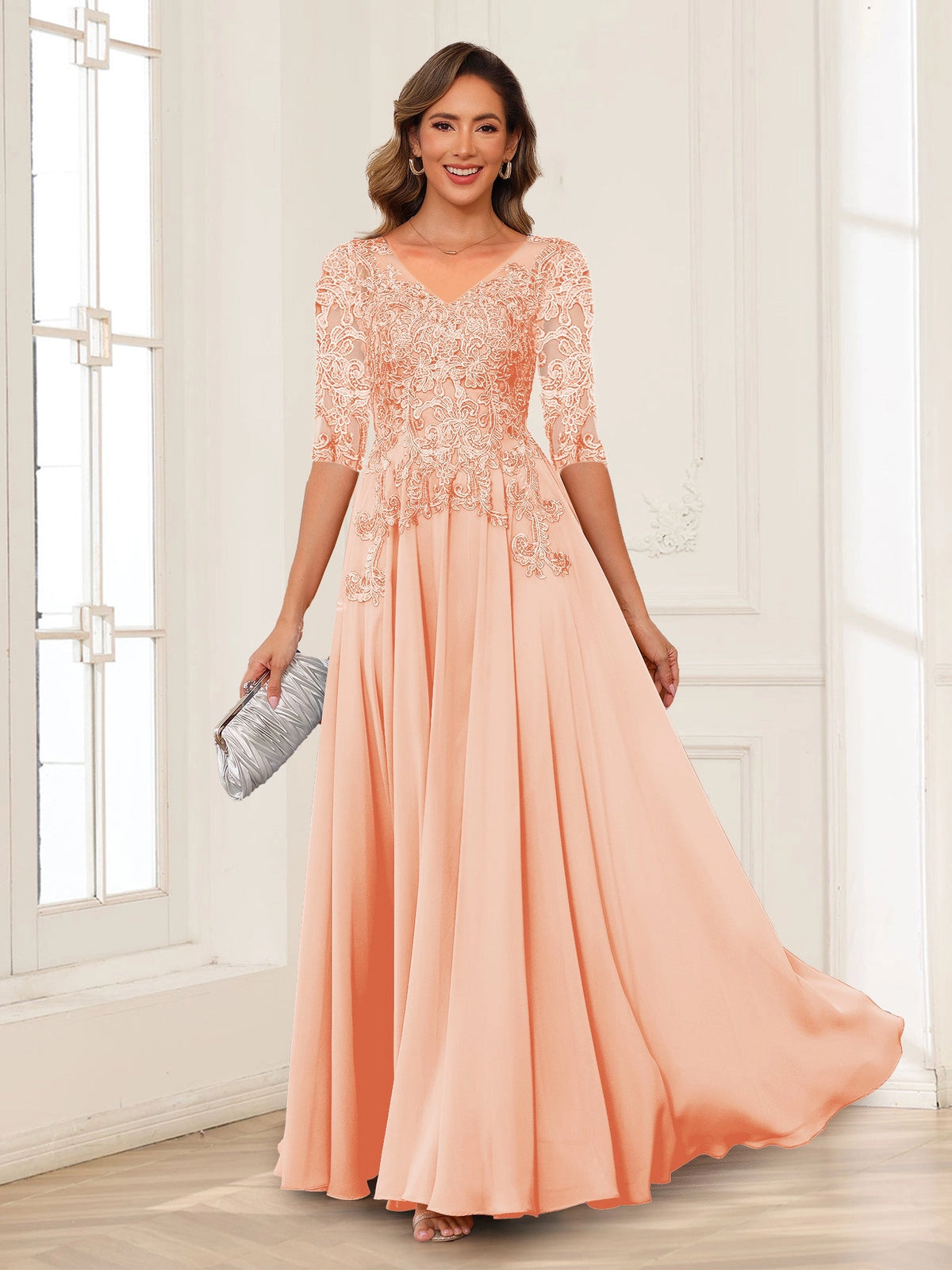 Elegant Charcoal A-Line V-Neck Three-Quarter-Sleeve Zip-Back Floor-Length Mother of the Bride Dress