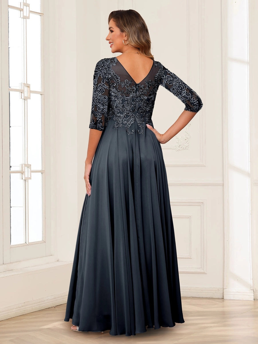 Elegant Charcoal A-Line V-Neck Three-Quarter-Sleeve Zip-Back Floor-Length Mother of the Bride Dress