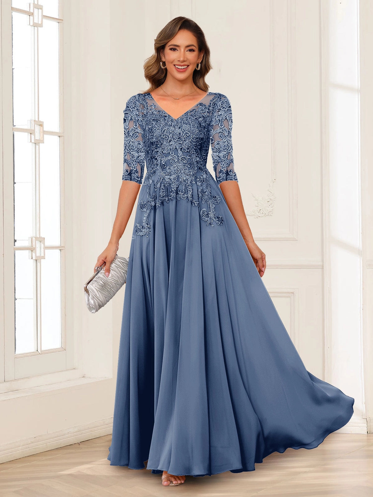 Elegant Charcoal A-Line V-Neck Three-Quarter-Sleeve Zip-Back Floor-Length Mother of the Bride Dress