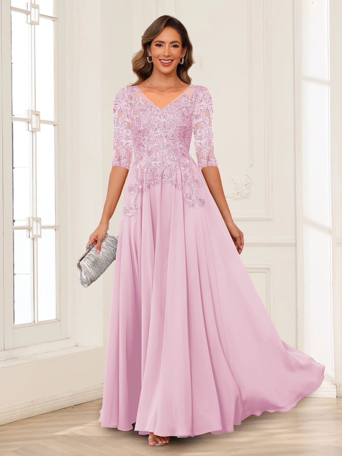 Elegant Charcoal A-Line V-Neck Three-Quarter-Sleeve Zip-Back Floor-Length Mother of the Bride Dress