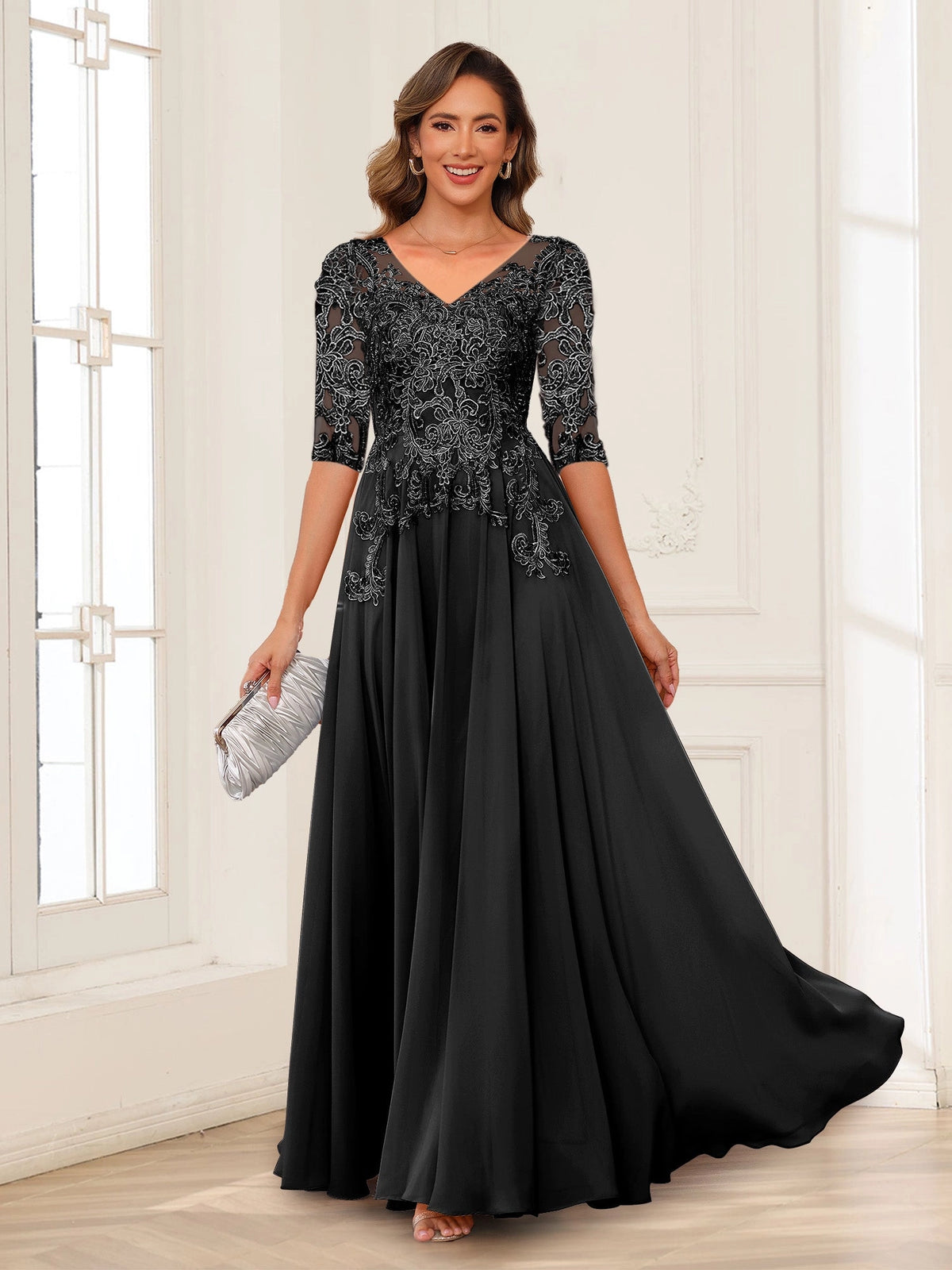 Elegant Charcoal A-Line V-Neck Three-Quarter-Sleeve Zip-Back Floor-Length Mother of the Bride Dress