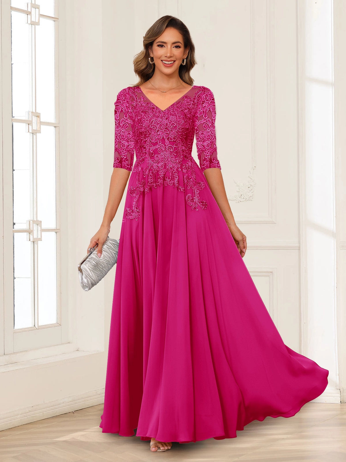 Elegant Charcoal A-Line V-Neck Three-Quarter-Sleeve Zip-Back Floor-Length Mother of the Bride Dress