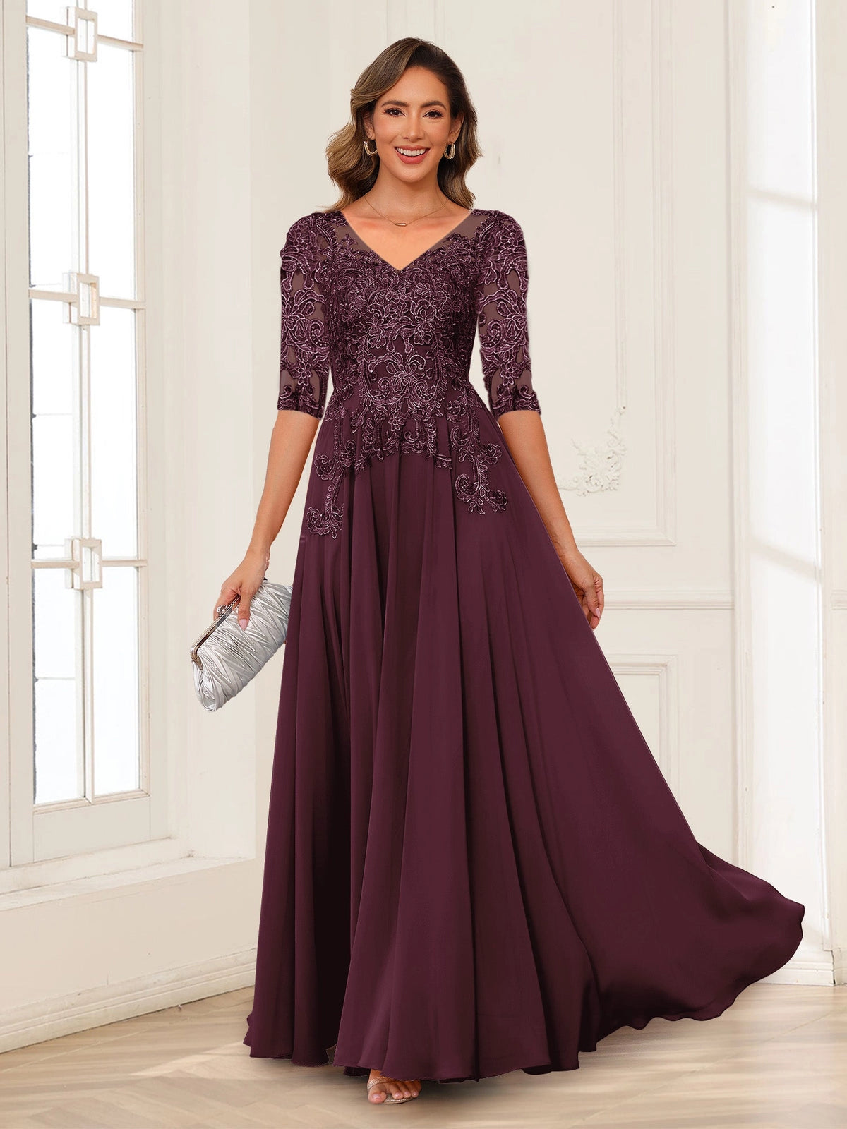 Elegant Charcoal A-Line V-Neck Three-Quarter-Sleeve Zip-Back Floor-Length Mother of the Bride Dress