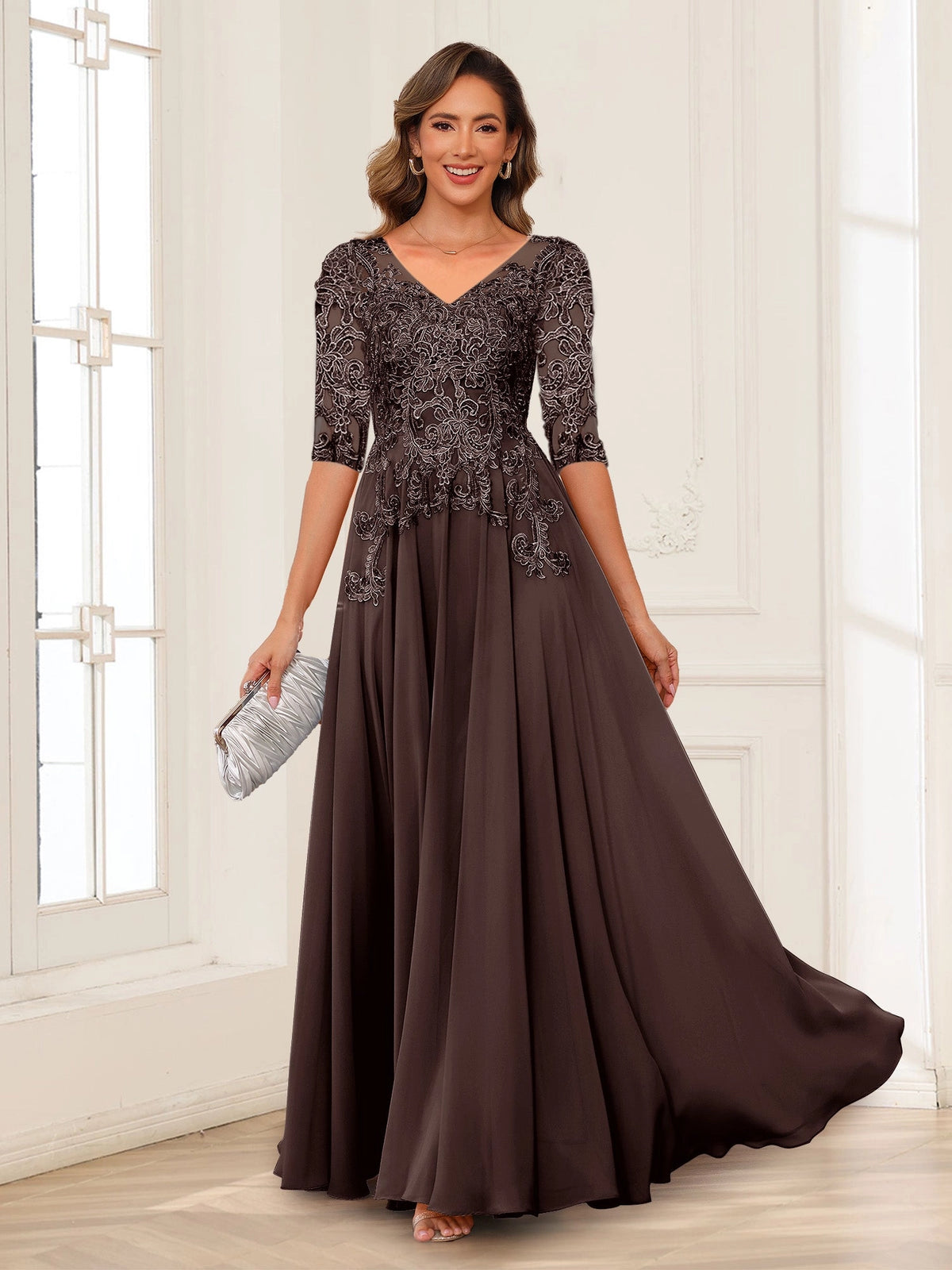 Elegant Charcoal A-Line V-Neck Three-Quarter-Sleeve Zip-Back Floor-Length Mother of the Bride Dress