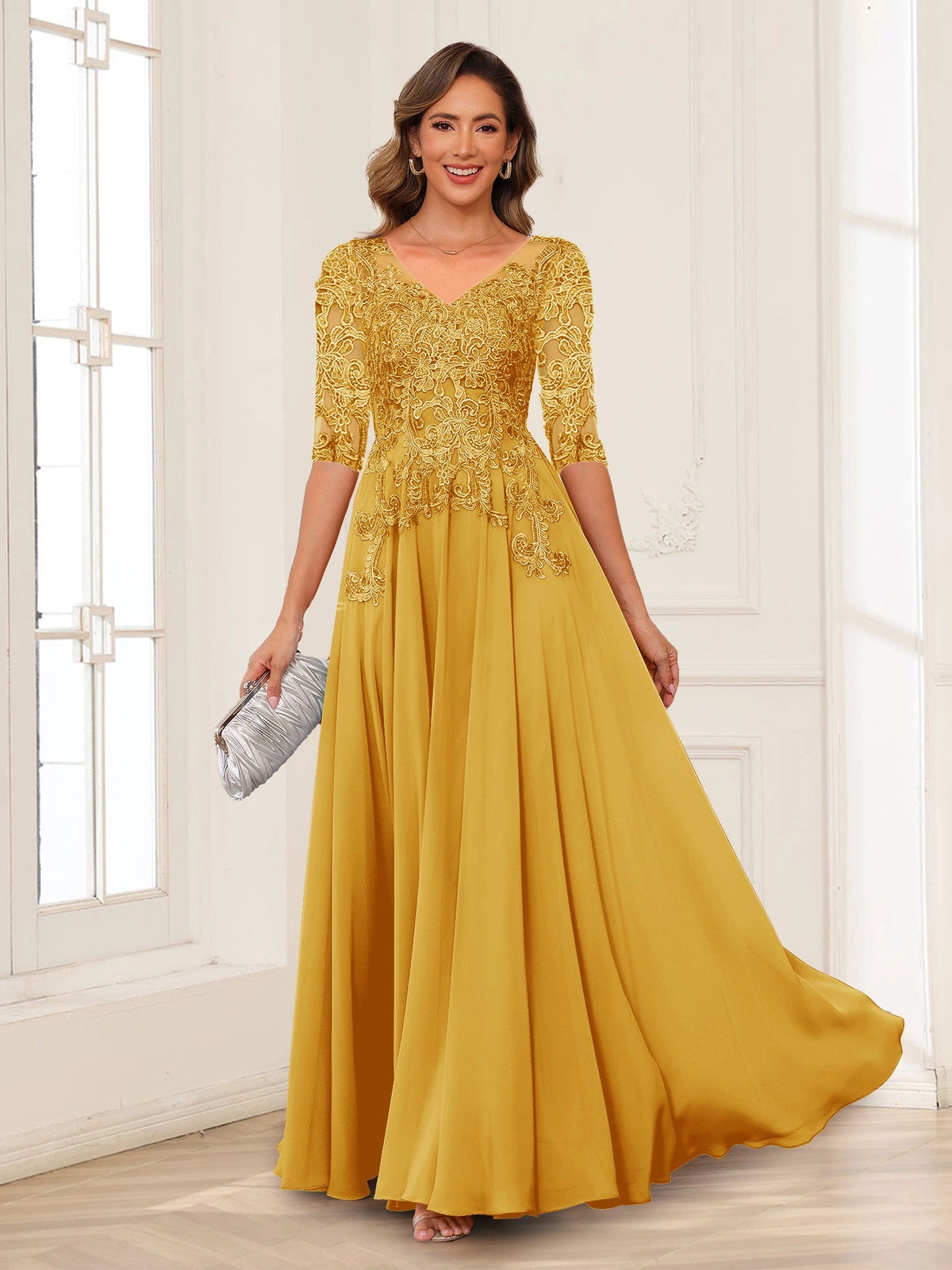 Elegant Charcoal A-Line V-Neck Three-Quarter-Sleeve Zip-Back Floor-Length Mother of the Bride Dress