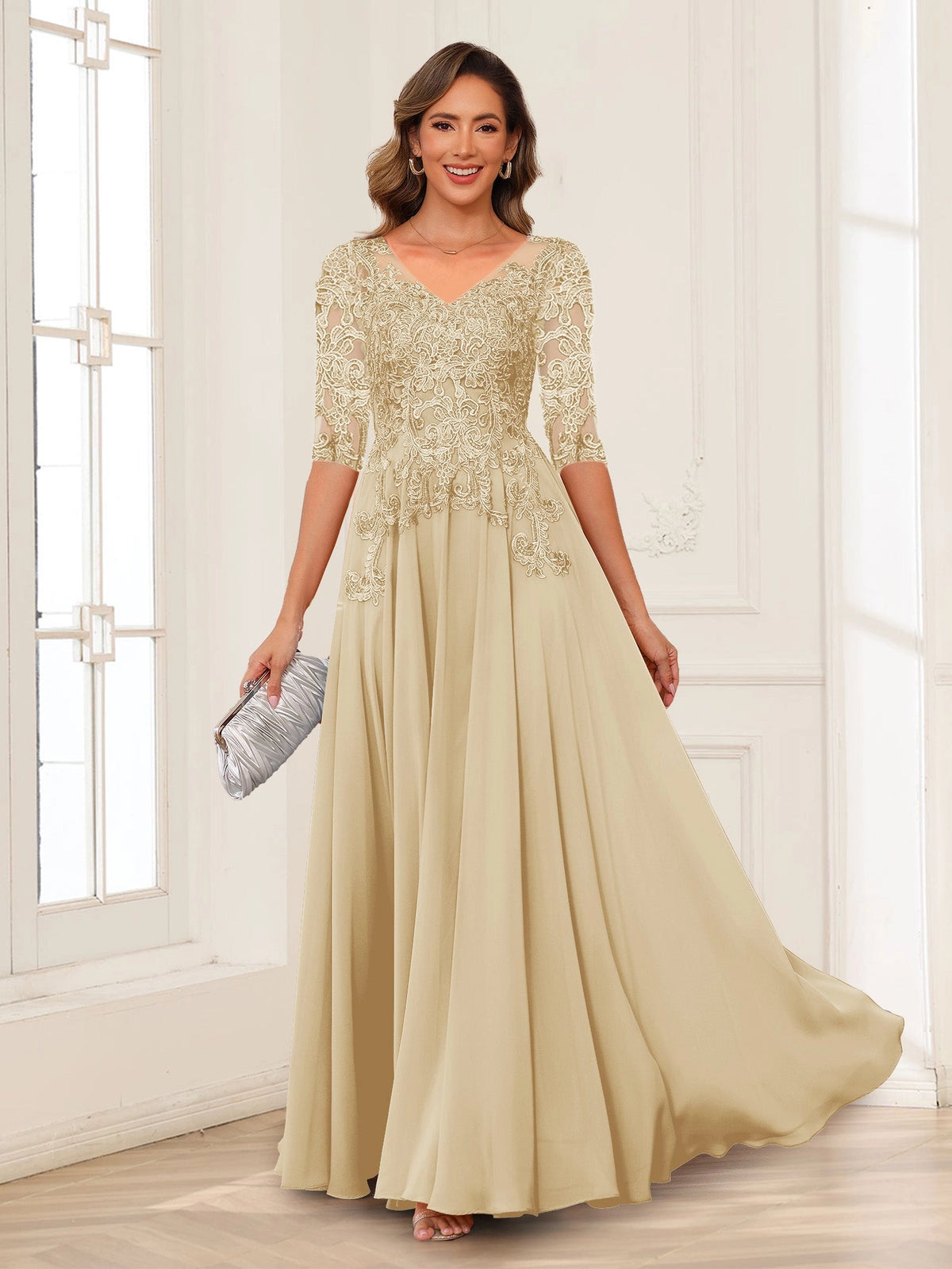 Elegant Charcoal A-Line V-Neck Three-Quarter-Sleeve Zip-Back Floor-Length Mother of the Bride Dress
