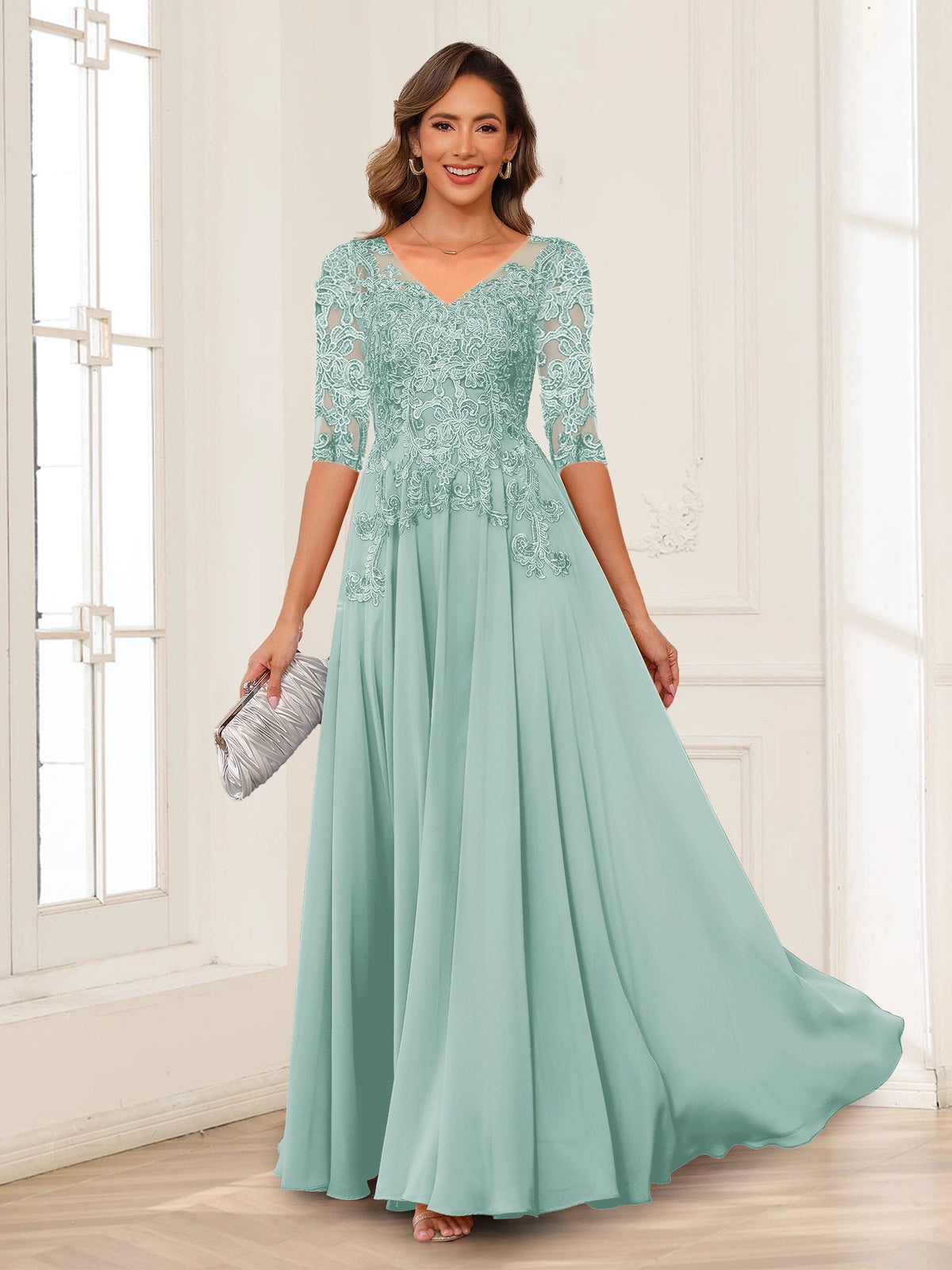 Elegant Charcoal A-Line V-Neck Three-Quarter-Sleeve Zip-Back Floor-Length Mother of the Bride Dress