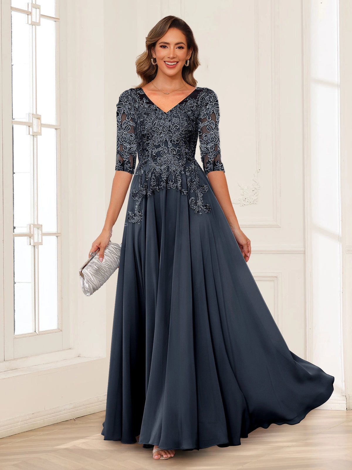 Loverlm charcoal gray A-line mother of the bride dress front view with floral lace V-neck bodice, sheer three-quarter sleeves and floor-length skirt