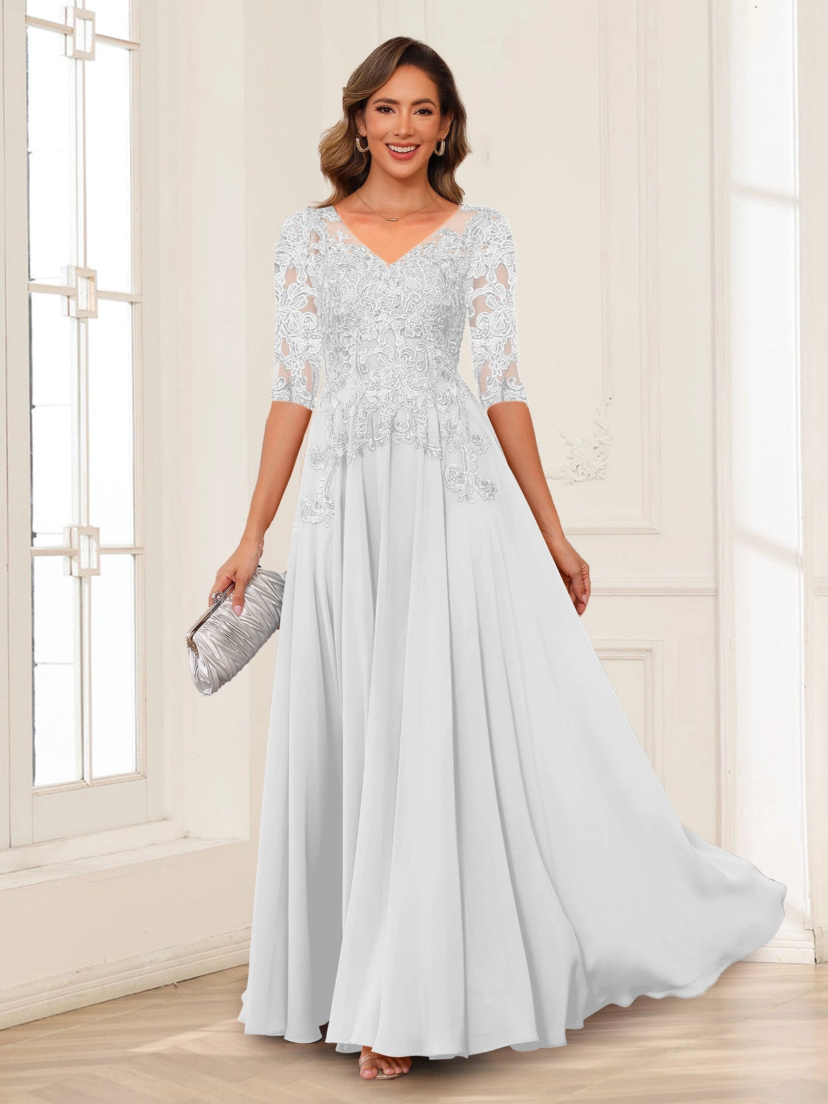Elegant Charcoal A-Line V-Neck Three-Quarter-Sleeve Zip-Back Floor-Length Mother of the Bride Dress
