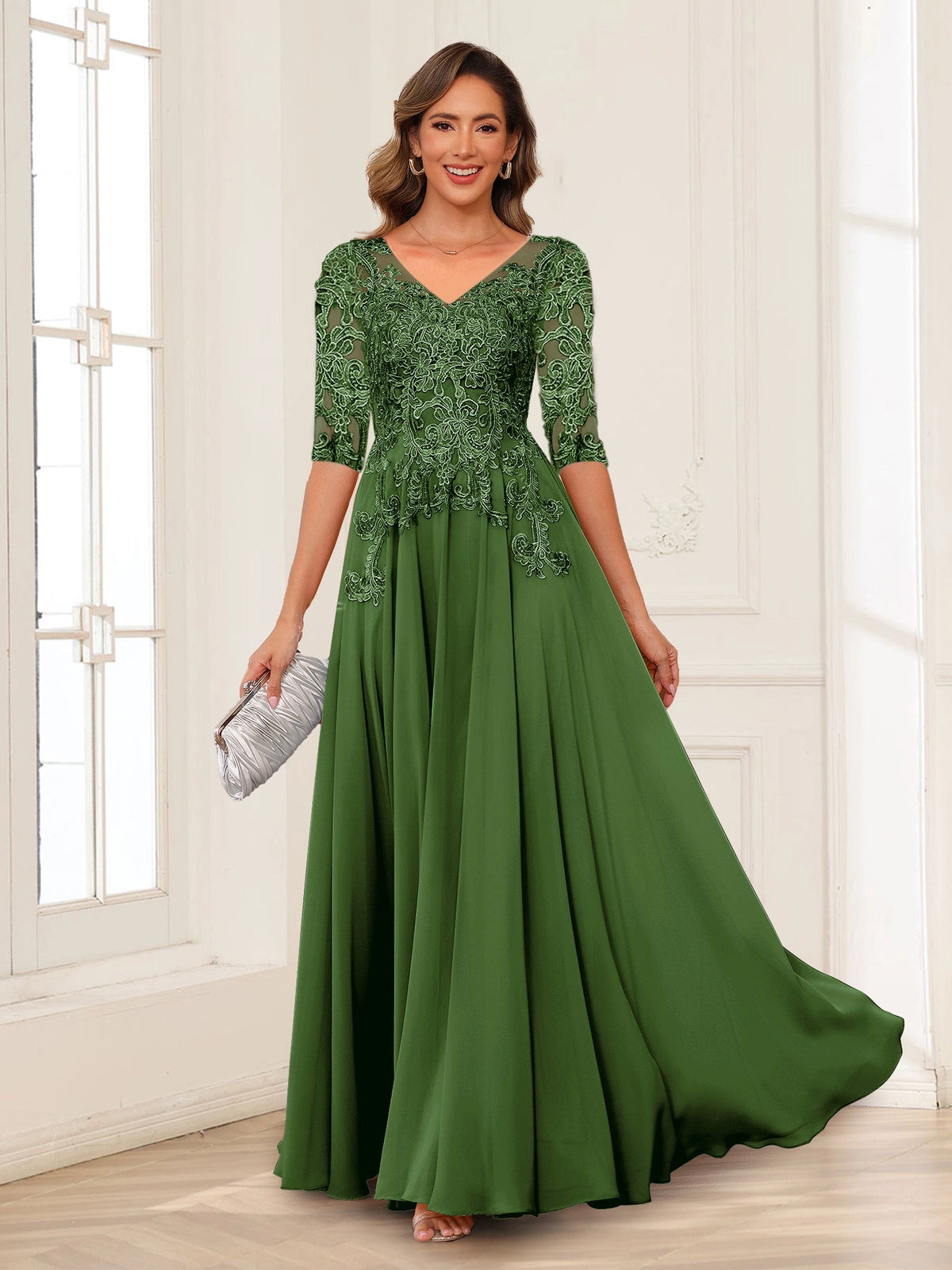 Elegant Charcoal A-Line V-Neck Three-Quarter-Sleeve Zip-Back Floor-Length Mother of the Bride Dress