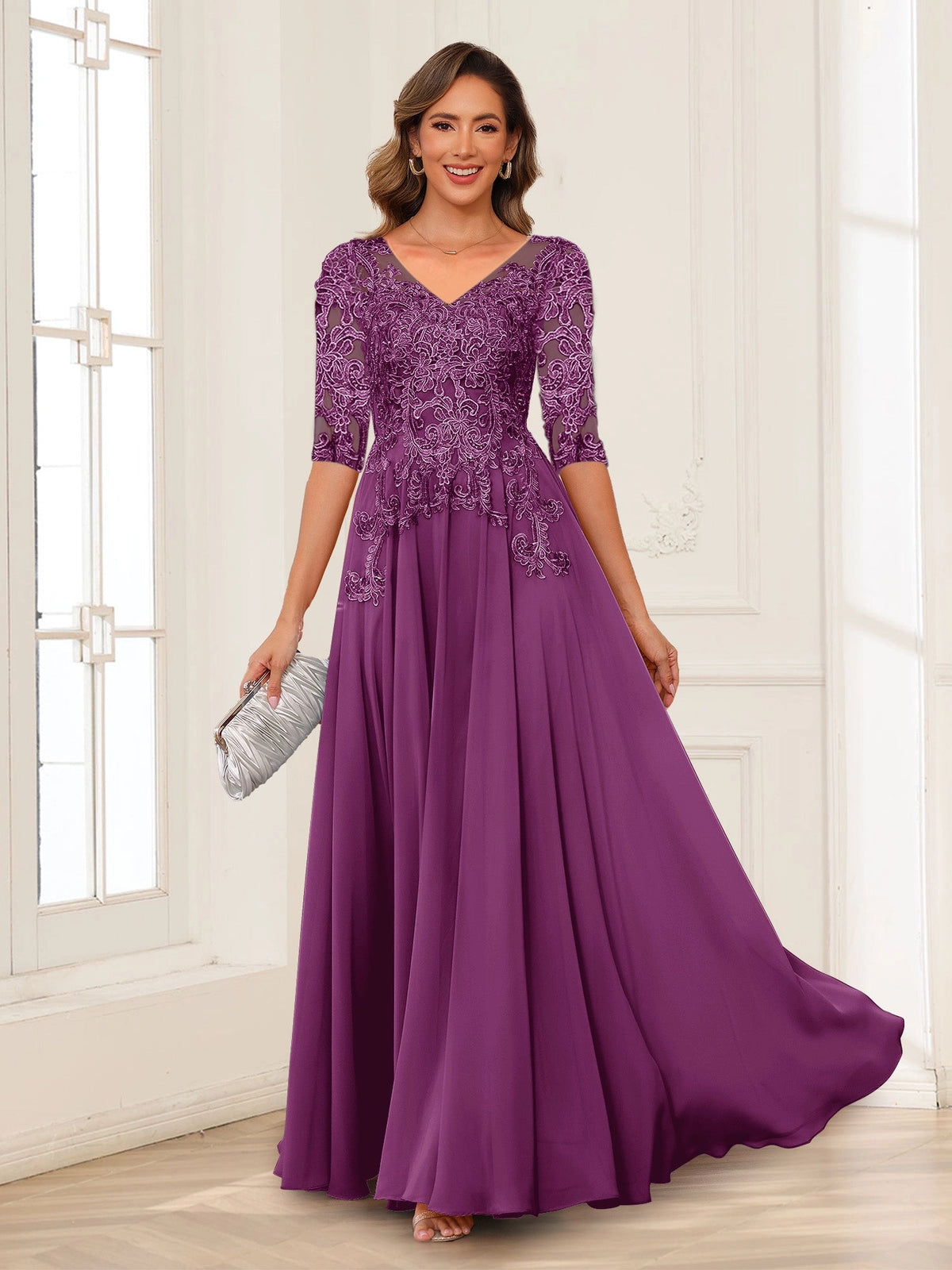 Elegant Charcoal A-Line V-Neck Three-Quarter-Sleeve Zip-Back Floor-Length Mother of the Bride Dress
