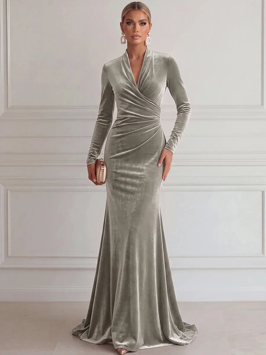 Elegant Mermaid Deep V Long Sleeve Velvet Floor-Length Evening Dress