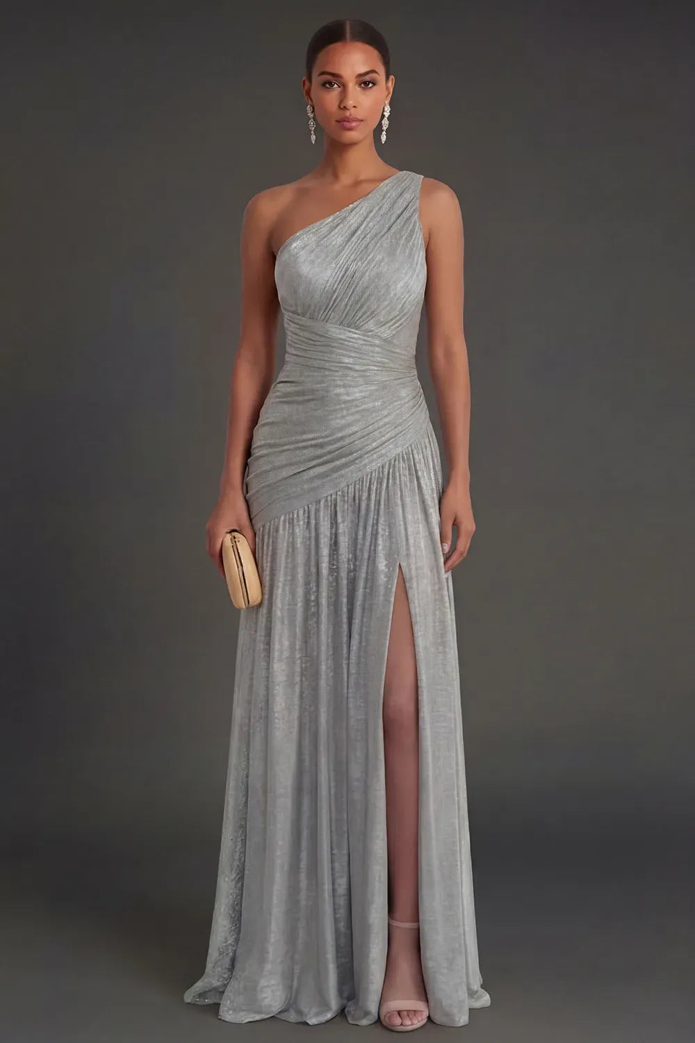 Elegant A-Line One Shoulder Sleeveless Ruched Back Floor Length Evening Dress