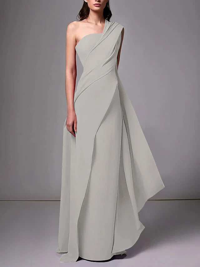 Elegant Sheath One Shoulder Sleeveless Crepe Floor Length Evening Dress