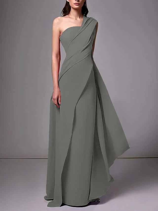 Elegant Sheath One Shoulder Sleeveless Crepe Floor Length Evening Dress