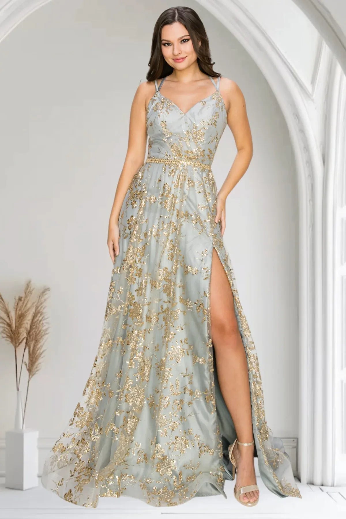 Loverlm silver green gold floral V-neck high slit prom dress front