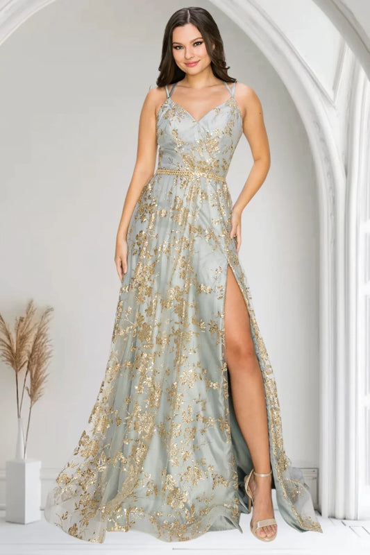 Loverlm silver green gold floral V-neck high slit prom dress front