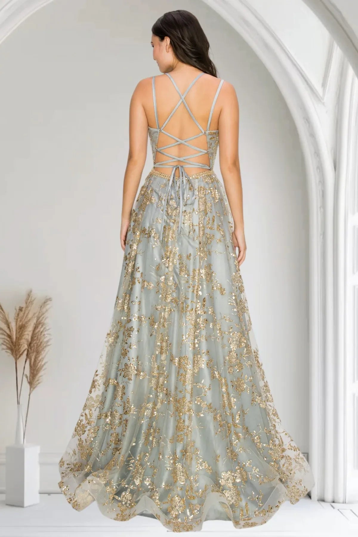 Elegant A-Line V-Neck Spaghetti Strap Lace-Up Back Floor-Length Prom Dress
