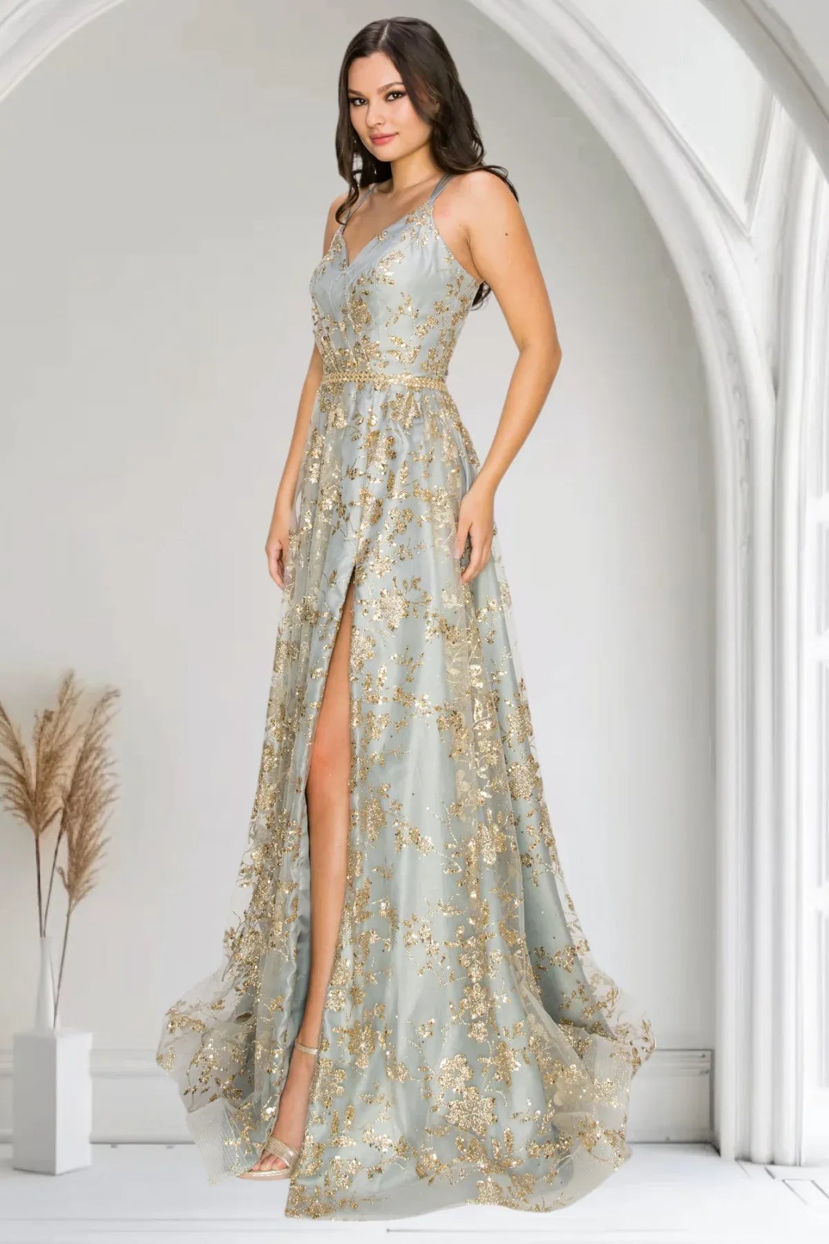 Elegant A-Line V-Neck Spaghetti Strap Lace-Up Back Floor-Length Prom Dress
