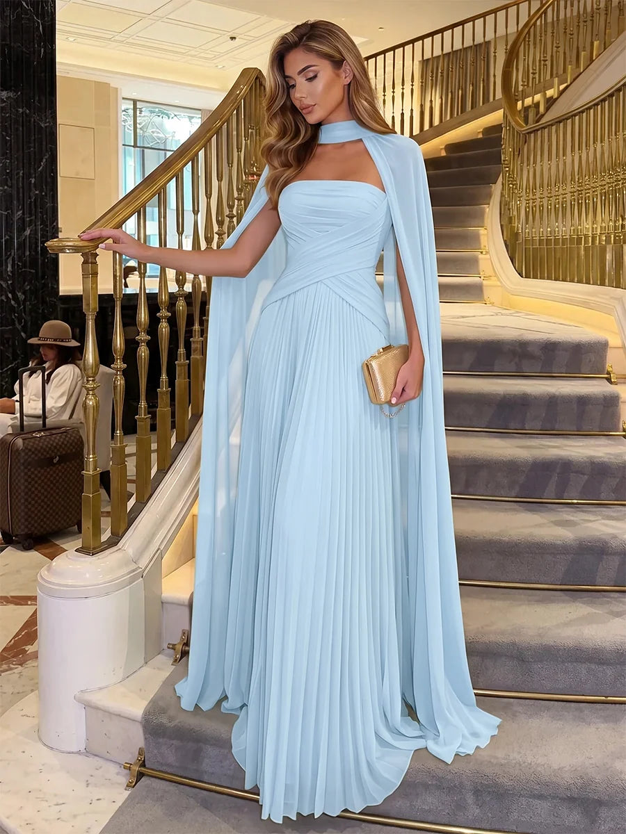 Elegant Pleated Strapless Sleeveless Chiffon Floor Length Evening Dress